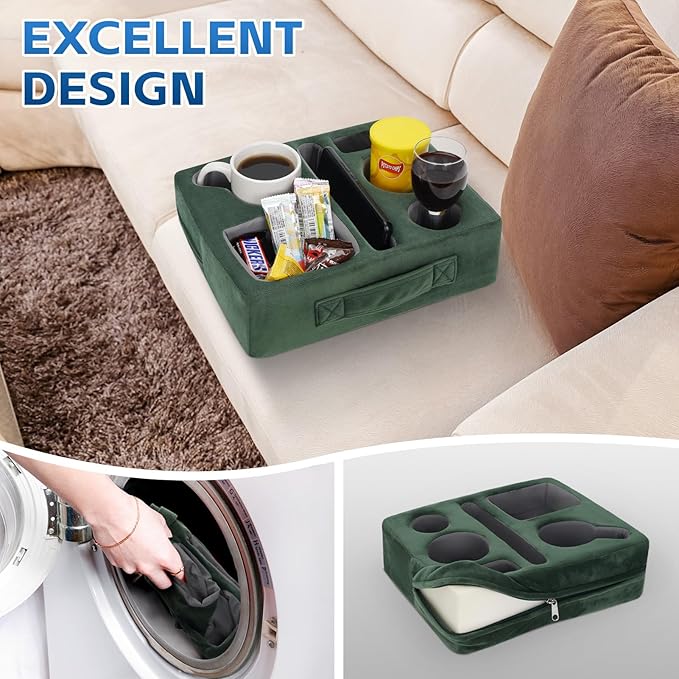 G GOOD GAIN Couch Cup Holder Pillow-Sofa Cup Holder Cozy Buddy | Bed Drink Caddy Holds Tablet, Remote, Snacks | Waterproof Anti-Spill Sofa Beverage Tray for Car, Park, Beach, Picnic, Boat, RV(Green)