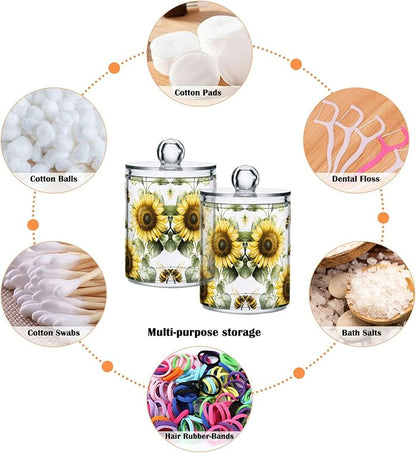 MNSRUU 2 Pack Qtip Holder Organizer Dispenser Flower Sunflower Bee Bathroom Storage Canister Cotton Ball Holder Bathroom Containers for Cotton Swabs/Pads/Floss