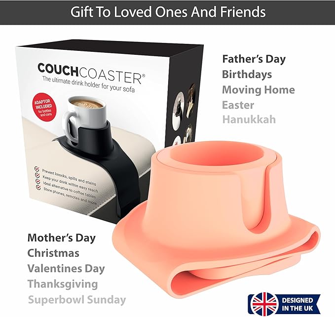HIT PRODUCTS CouchCoaster® - Armrest Couch Cup Holder in Limited Edition Blush Pink - A Weighted, Silicone, Anti Slip Coaster Stops Spills On Your Sofa, Armchair Or Recliner & Keeps Drinks in Reach