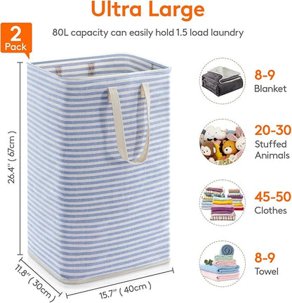 Lifewit 2 Pack Laundry Hamper Large Collapsible Laundry Baskets, Freestanding Waterproof Clothes Hamper with Easy Carry Handles in Laundry Room Bedroom Bathroom College Dorm, Blue, 2 x 80L