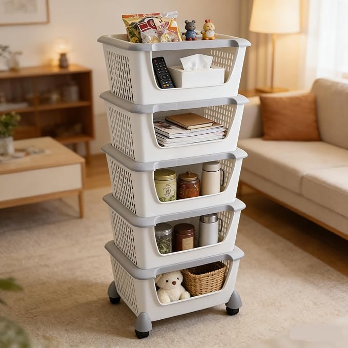 5-Tier Plastic Stackable Storage Bins for Pantry, Stacking Organizing Baskets with Wheels