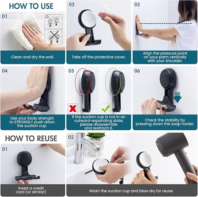 TAILI Suction Cup Razor Holder for Shower 2 Pack, Towel, Loofah, Shaver Holder for Shower Wall, Powerful Suction Cup Hooks for Inside Bathroom, Easy to Install and Reuse, Black