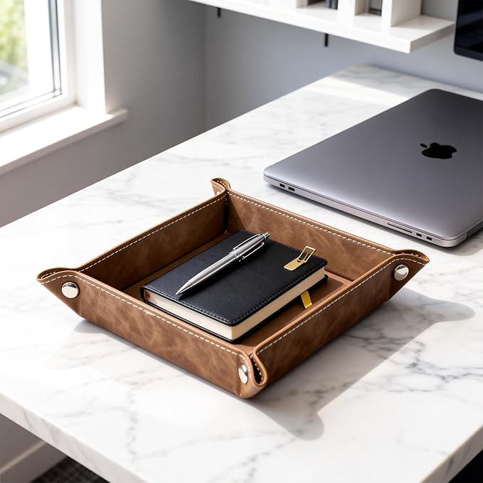 siduater Valet Tray Desktop Storage Organizer – Vegan Leather Catchall Bedside Vanity Tray Nightstand Caddy Holder for Remote Controller, Watch, Keys, Phone, Wallet, Coin, Jewelry, Stone Khaki