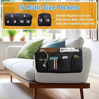 Gloserin Armchair Caddy, Sofa Armrest Organizer, Non Slip Remote Control Holder for Recliners, Recliner Arm Caddy with 14 Pockets Storage for TV Remote, Phone, Magazine (Black)