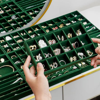 SPAKOWN Jewelry Organizer for Drawer Set of 9, Velvet Jewelry Tray Stackable Jewelry Organizer Display Trays Divided Earring Storage Containers (Green)