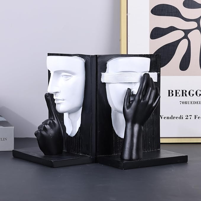 Decorative Bookends Set – Vintage Gold Face Sculptures & Modern Black & White – Resin Book Ends for Shelves, Heavy Book Stoppers, Brass-Look Bookends, Decorative for Home Office (B&W)