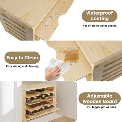6 Tier Wooden Cabinet Tray Dividers for Baking Trays, Pans & Cutting Boards - 16.61" W x12.4 D x14.09 H Vertical Cookie Sheet Organizer, Spoon Rest, Utensil Holder, Kitchen for Pots Pans Storage