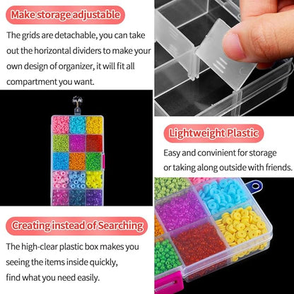 IOOLEEM 15 Grids Plastic Bead Organizer Box, Clear Organizer Container Storage Box, Adjustable Dividers for bead arts and crafts.(4 Pack)