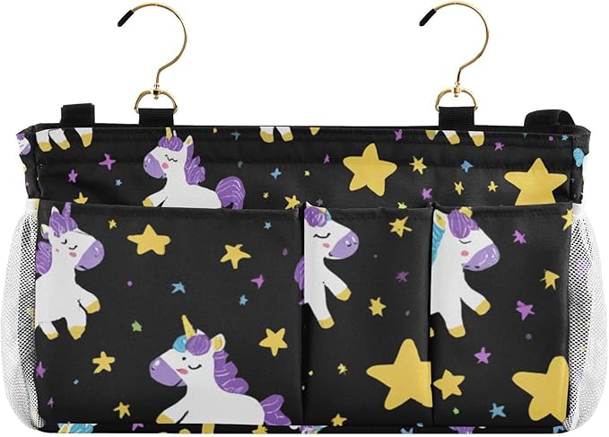 CuwrYet Bedside Caddy Hanging Bunk Bed Caddy Bed Organizer Hanging Pocket with 2 Hooks Bedside Storage Organizer Pocket Bag Holder Cute Unicorns Hearts Black
