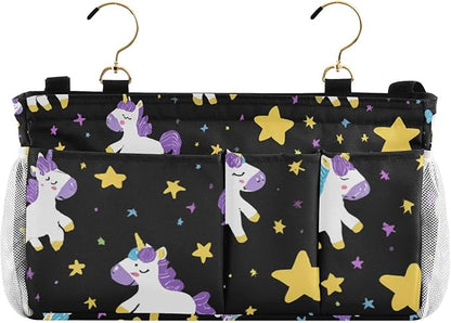 CuwrYet Bedside Caddy Hanging Bunk Bed Caddy Bed Organizer Hanging Pocket with 2 Hooks Bedside Storage Organizer Pocket Bag Holder Cute Unicorns Hearts Black