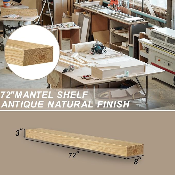 ROOMTEC Fireplace Mantel with L-Shaped Brackets,72" Wood Fireplace Shelves,Handcrafted Wood Brack,Natural Mantels Over Fireplace, 72" x 8" x 3", Aged Oak
