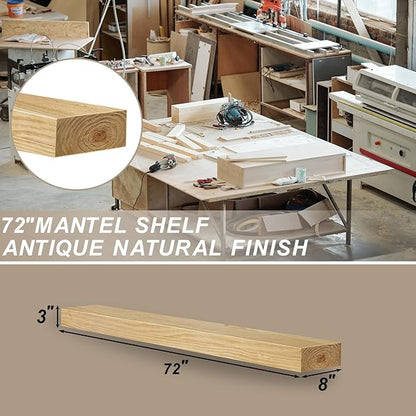 ROOMTEC Fireplace Mantel with L-Shaped Brackets,72" Wood Fireplace Shelves,Handcrafted Wood Brack,Natural Mantels Over Fireplace, 72" x 8" x 3", Aged Oak