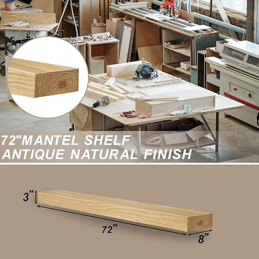 ROOMTEC Fireplace Mantel with L-Shaped Brackets,72" Wood Fireplace Shelves,Handcrafted Wood Brack,Natural Mantels Over Fireplace, 72" x 8" x 3", Aged Oak