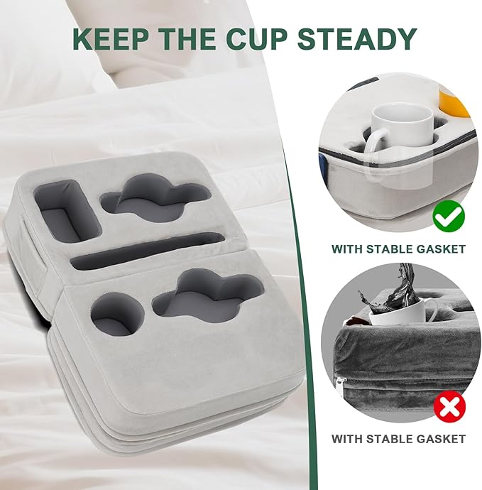 Couch Cup Holder Pillow - Sofa Cup Holder Pillow with 7 Holes and Side Pocket | Couch Caddy for Cups, Headphones, Snacks and Phones | Use it on Car, Pack, Beach, RV - Silver