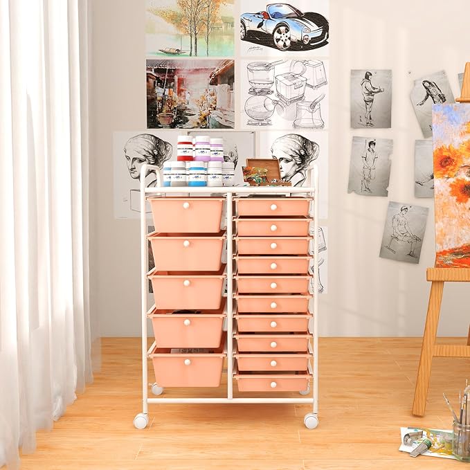 ARLIME 15-Drawer Storage Cart, 15 Drawer Trolley, Rolling Organizer Cart, Scrapbook Paper Organizer, Suitable for Office and School, Rolling Office Storage Tools (Peach)