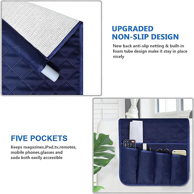 AUVCAS Sofa Armrest Organizer Non-Slip Arm Chair Bedside Caddy Storage Organizer for Recliner Couch with 5 Pockets for Cell Phone TV Remote Control Magazines (BLUE)