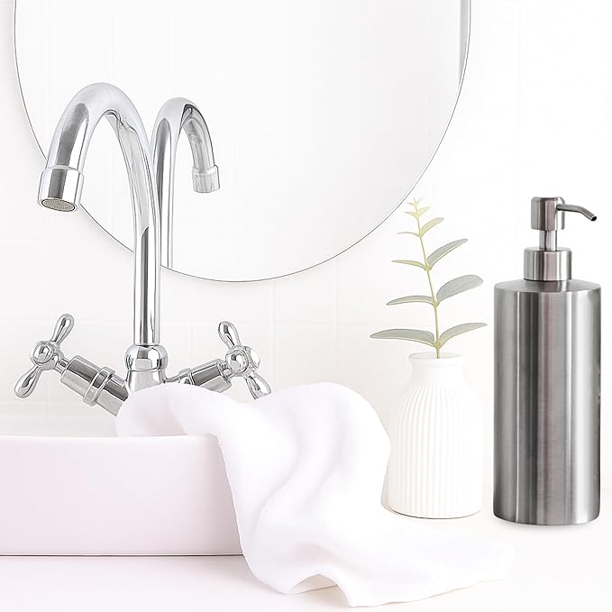 Yew Design Silver Soap Dispenser Stainless Steel for Bathroom and Kitchen Sink, 15oz Refillable Round Rustproof Hand Dish Soap Dispenser Pump for Detergent, Lotion, and Countertop
