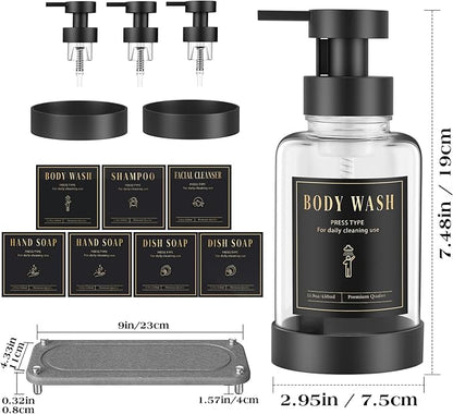 Luxspire Foaming Soap Dispenser, Non-Slip Hand Soap Dispenser with Fast Drying Tray, 15oz Glass Refillable Liquid Bottle for Bathroom & Kitchen, 2 Pack, Transparent + Dark Gray