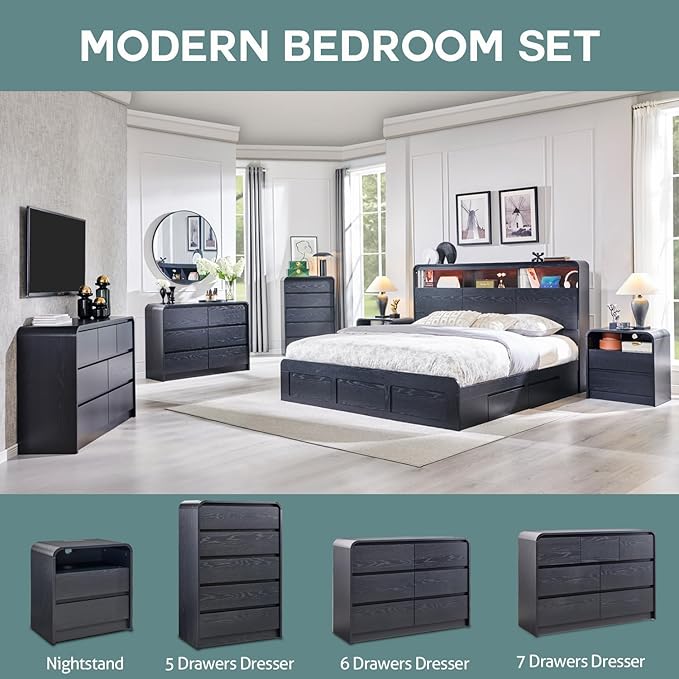 Aitjunz 25" Tall Modern Nightstand with Charging Station, 23.6'' Wide Wood Bedside Table w/2 Storage Drawers, Large Mid Century End Table for Bedroom, Living Room, Curved Profile Design, Black