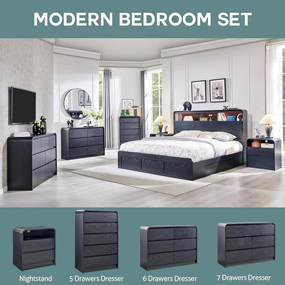 Aitjunz 25" Tall Modern Nightstand with Charging Station, 23.6'' Wide Wood Bedside Table w/2 Storage Drawers, Large Mid Century End Table for Bedroom, Living Room, Curved Profile Design, Black