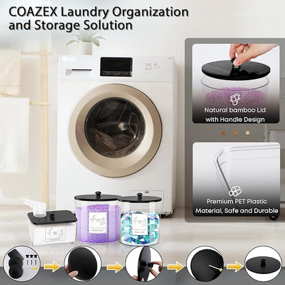 3 Pack Laundry Powder Container & Dryer Sheet Holder, Plastic Laundry Room Organization and Storage Jars with Lids, Labels & Scoops for Powder, Detergent, Scent Booster (Black Lid)