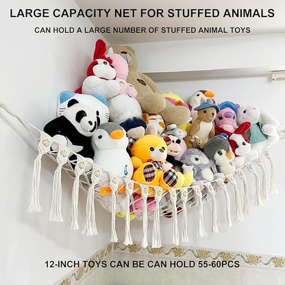 Large Stuffed Animal Net or Hammock, Boho Macrame Toy Hammock with LED Lights, Decorate Room Space Saving Pet Net for Stuffed Animals, Suitable for Nursery, Playroom, Kids Bedroom
