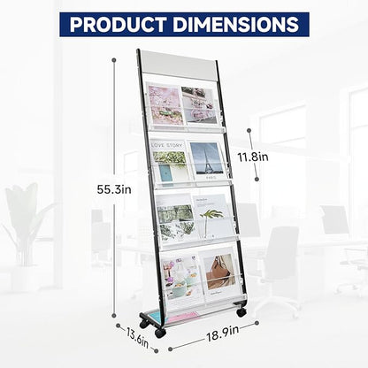 4-Tier Floor-Standing Magazine Rack with Wheels – Perfect Brochure Display Stand for Exhibitions, Offices, and Information Hubs (Black-White)