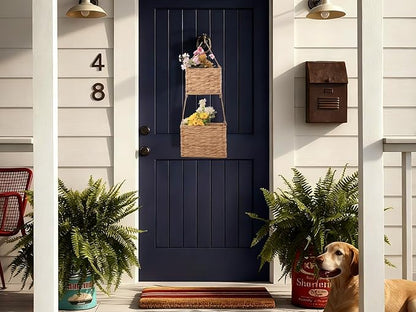 YAHUAN Water Hyacinth Hanging Basket 2-Tiered Woven Wicker Wall Basket Organizer for Kitchen, Home, Door, Indoor/Outdoor Bohemian Décor (Water Hyacinth)
