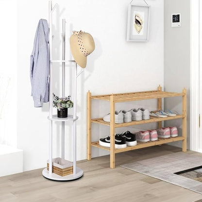 Wood Coat Rack with 3 Shelves and 9 Hooks, Freestanding Rotary Coat Tree for Entryway, Bedroom, Living Room, Hallway – Holds Jackets, Coats, Hats, Bags (White)
