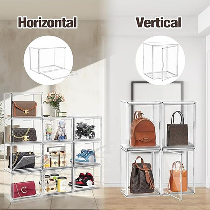 DAYOOH 5 Pcs Super Large Acrylic Display Case Purse Handbag Storage Organizer for Closet Clear Stackable Bag Storage Boxes for Books, Boots, Collectibles, Cosmetic