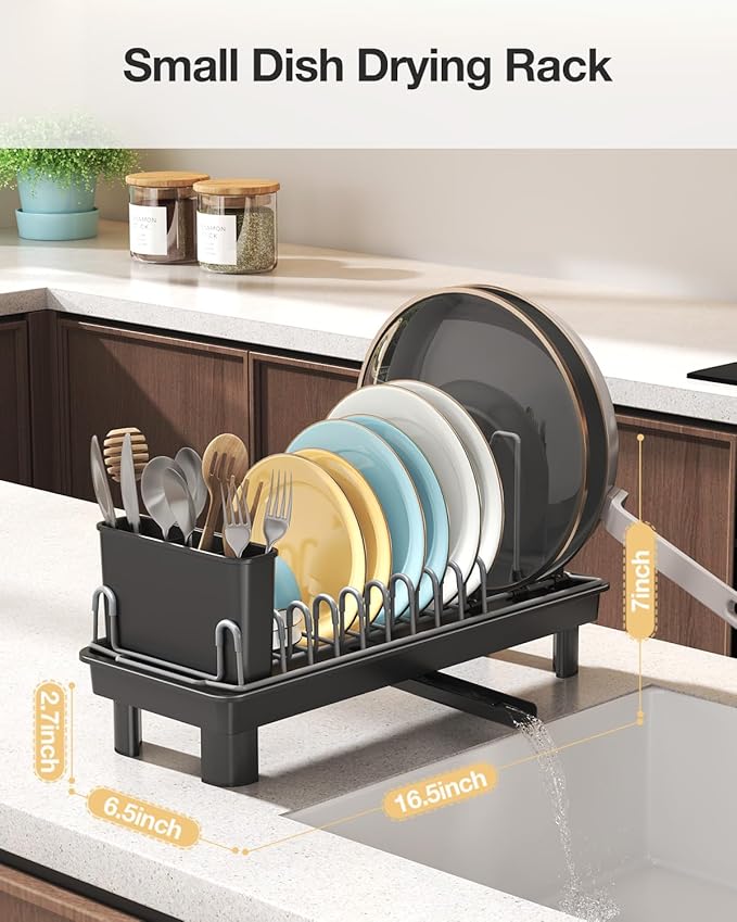 Nfnoyp Small Dish Drying Rack, Carbon Steel Dish Rack Rustproof for Kitchen Counter, Compact Space-Saving Dish Drainer with Adjustable Slots for Small Kitchens & Apartments, 16.5×6.5×7inch, Black
