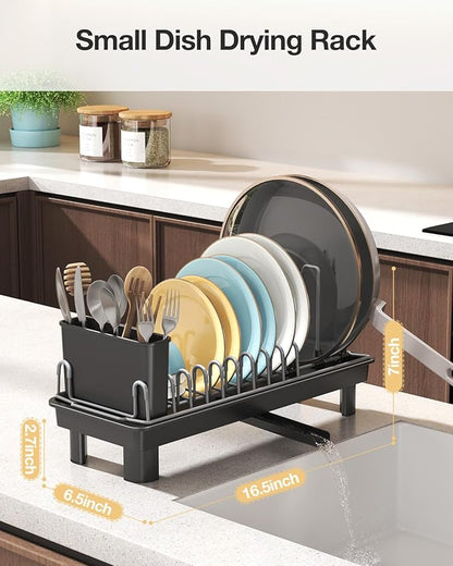 Nfnoyp Small Dish Drying Rack, Carbon Steel Dish Rack Rustproof for Kitchen Counter, Compact Space-Saving Dish Drainer with Adjustable Slots for Small Kitchens & Apartments, 16.5×6.5×7inch, Black