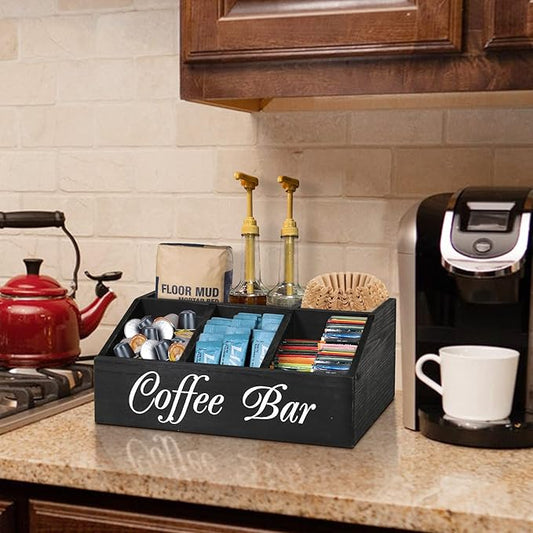ugiftt Coffee Station Organizer for Counter, Wood Coffee Pods Holder Storage Basket, Tea Condiment Storage Organizer, Rustic Bar Decor for Accessories Organizer