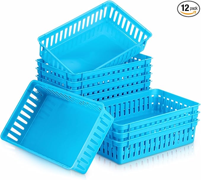 Wenqik Set of 12 Plastic Baskets for Organizing 10.24 x 6.5 x 2.36 Inch Rectangular Trays Plastic Organizer Bins Rectangle for Desk Organization (Blue)