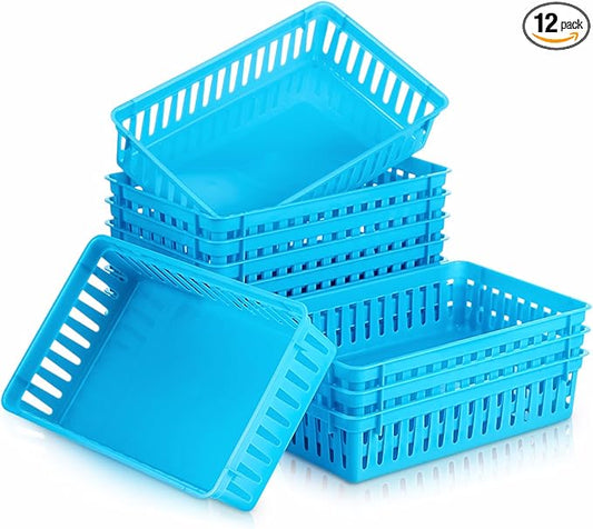 Wenqik Set of 12 Plastic Baskets for Organizing 10.24 x 6.5 x 2.36 Inch Rectangular Trays Plastic Organizer Bins Rectangle for Desk Organization (Blue)