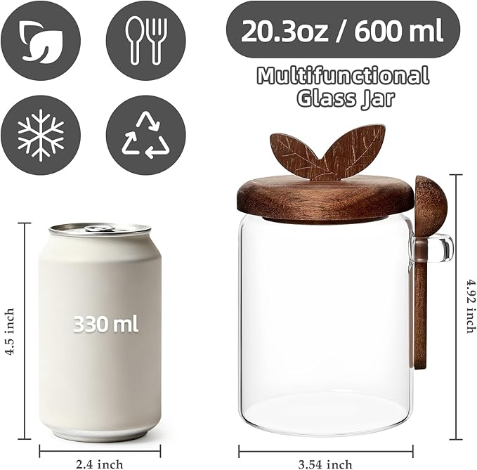 Koythin Food Storage Containers with Wooden Lids and Scoops, Glass Jars with Airtight Lids, Bath Salt Container with Scoop, Kitchen Canisters for Coffee, Tea, Sugar, Spice (Smooth, 20.3 oz)