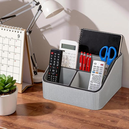ACUDUDOMA PU Leather Remote Control Organizer Holder, 4-Compartment Small Desk Organizer, All-in-One Desk & Nightstand Caddy for Remotes, Phones, Glasses & Office Accessories