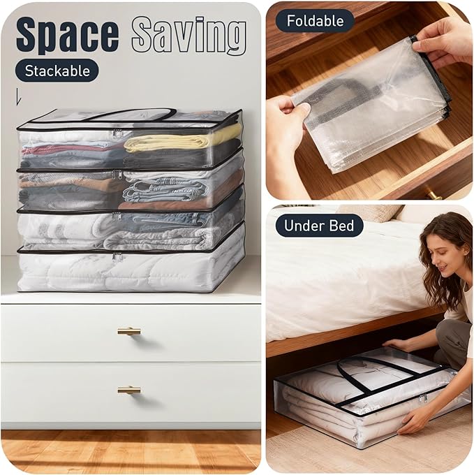 EdenDwell Clear Under Bed Storage Containers - 4 Pack Large Capacity Clothes Storage Bags with Lid & Sturdy Handles, Foldable Moving Bags, Clothing Organizer Totes for Bedding, Comforter, Sheet（90 L）