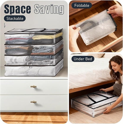 EdenDwell Clear Under Bed Storage Containers - 4 Pack Large Capacity Clothes Storage Bags with Lid & Sturdy Handles, Foldable Moving Bags, Clothing Organizer Totes for Bedding, Comforter, Sheet（90 L）