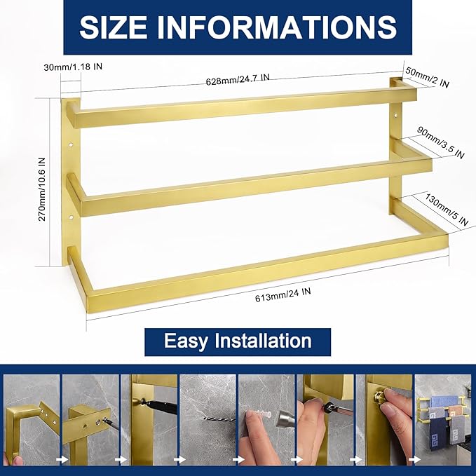 NearMoon Bathroom Towel Bar, Towel Rod Holder, Square Shelf Rack Hanging Towel for Bath, Thicken SUS304 Stainless Steel Towel Rack Wall Mounted-3-Tier Bath Accessories (24 Inch, Gold)