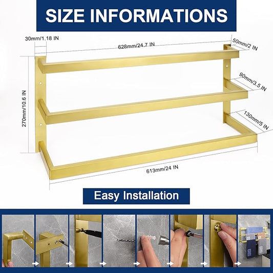 NearMoon Bathroom Towel Bar, Towel Rod Holder, Square Shelf Rack Hanging Towel for Bath, Thicken SUS304 Stainless Steel Towel Rack Wall Mounted-3-Tier Bath Accessories (24 Inch, Gold)