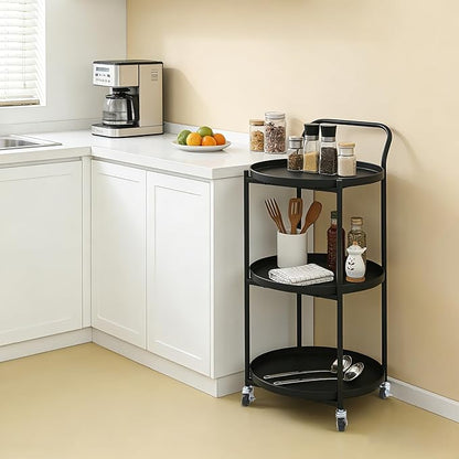 Round 3-Tier Rolling Bar Cart with Locking Wheels, Metal Serving Cart with Handle, 18" x 16" Mobile Organizer for Dining Room, Living Room, Bar (Black)