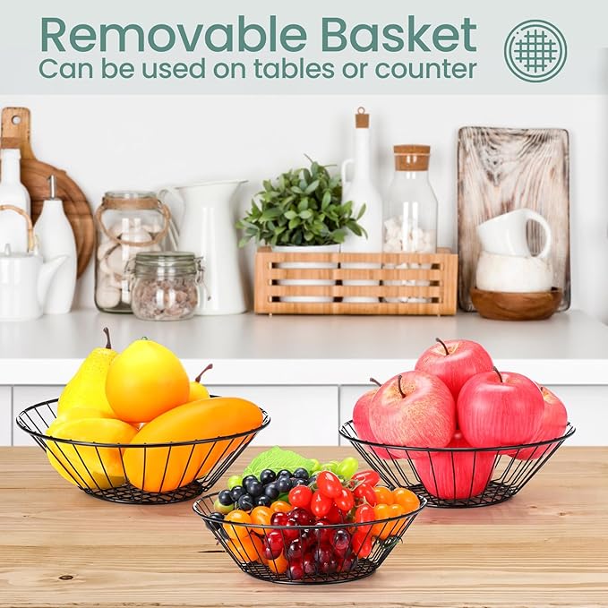 Maxdot 2 Pack 3-tier Hanging Fruit Basket with Sturdy Metal Chain Hanging Wall Fruit Basket for Kitchen Heavy Duty Wire Storage for Potatoes, Onions, Oranges, Bananas, Limes, Lemons