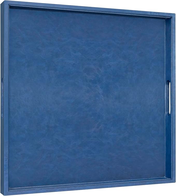 20 * 20 inches Leather Square Serving Tray with Hole Handles,High-End Light Large Service Tray for Ottoman Tray, Tea, Food, Butler - Countertop, Kitchen,Family Dinner, Picnic (Blue)