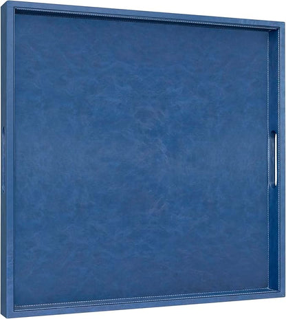 20 * 20 inches Leather Square Serving Tray with Hole Handles,High-End Light Large Service Tray for Ottoman Tray, Tea, Food, Butler - Countertop, Kitchen,Family Dinner, Picnic (Blue)