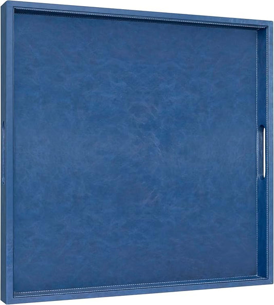 20 * 20 inches Leather Square Serving Tray with Hole Handles,High-End Light Large Service Tray for Ottoman Tray, Tea, Food, Butler - Countertop, Kitchen,Family Dinner, Picnic (Blue)