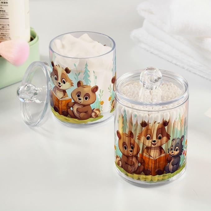 MNSRUU 2 Pack Qtip Holder Organizer Dispenser Animal Bears Pink Bathroom Storage Canister Cotton Ball Holder Bathroom Containers for Cotton Swabs/Pads/Floss