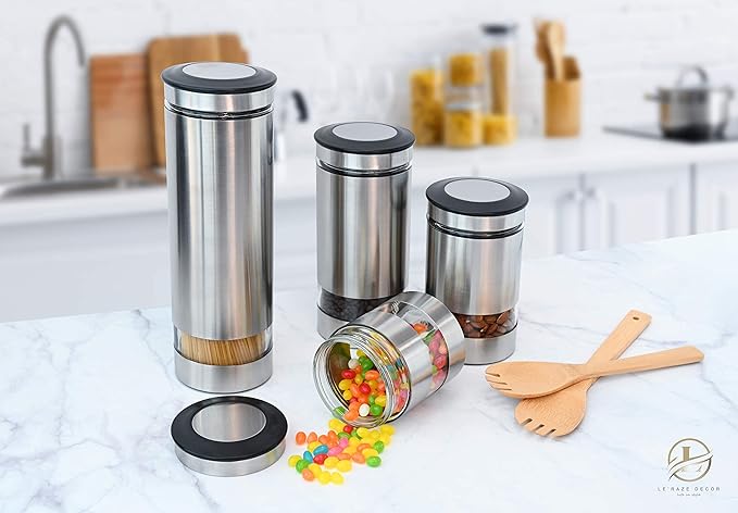 Le'raze Quality Stainless Steel Canister Set of 4 for Kitchen Counter with Glass Window & Airtight Lid - Food Storage Containers with Lids Airtight - Pantry Storage and Organization Set