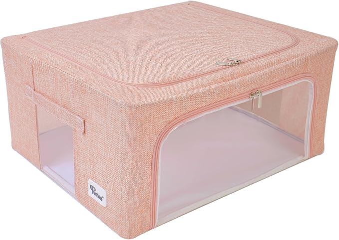 Periea Oxford Cloth Steel Frame Storage Boxes - Under-Bed or in Closet - Pack of 2 Medium Organizers (Pink Hemp)