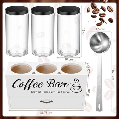 3 Pcs Coffee Canister Set with Shelf and Spoon Plastic Coffee Bean Storage Container with Lids Coffee Storage Box with Drawer Food Storage Jars for Coffee Bar Kitchen (White)